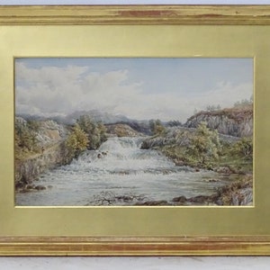 Ebenezer Alfred Warmington (1830-1903), Watercolour, Waterfall scene, a river in spate, Signed &dated 1877