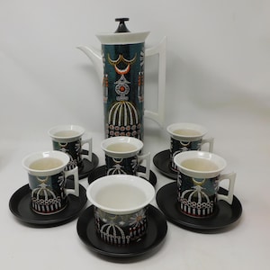Portmeirion Magic City Coffee Set • Susan Williams‑Ellis 1960s • Coffee Pot, 5 Cups & Saucers, Sugar Bowl • Rare V and A Collection Design