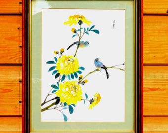 Vintage Chinese Silk Painting: Birds & Blossoms, Signed Framed Art (10" x 12.5")