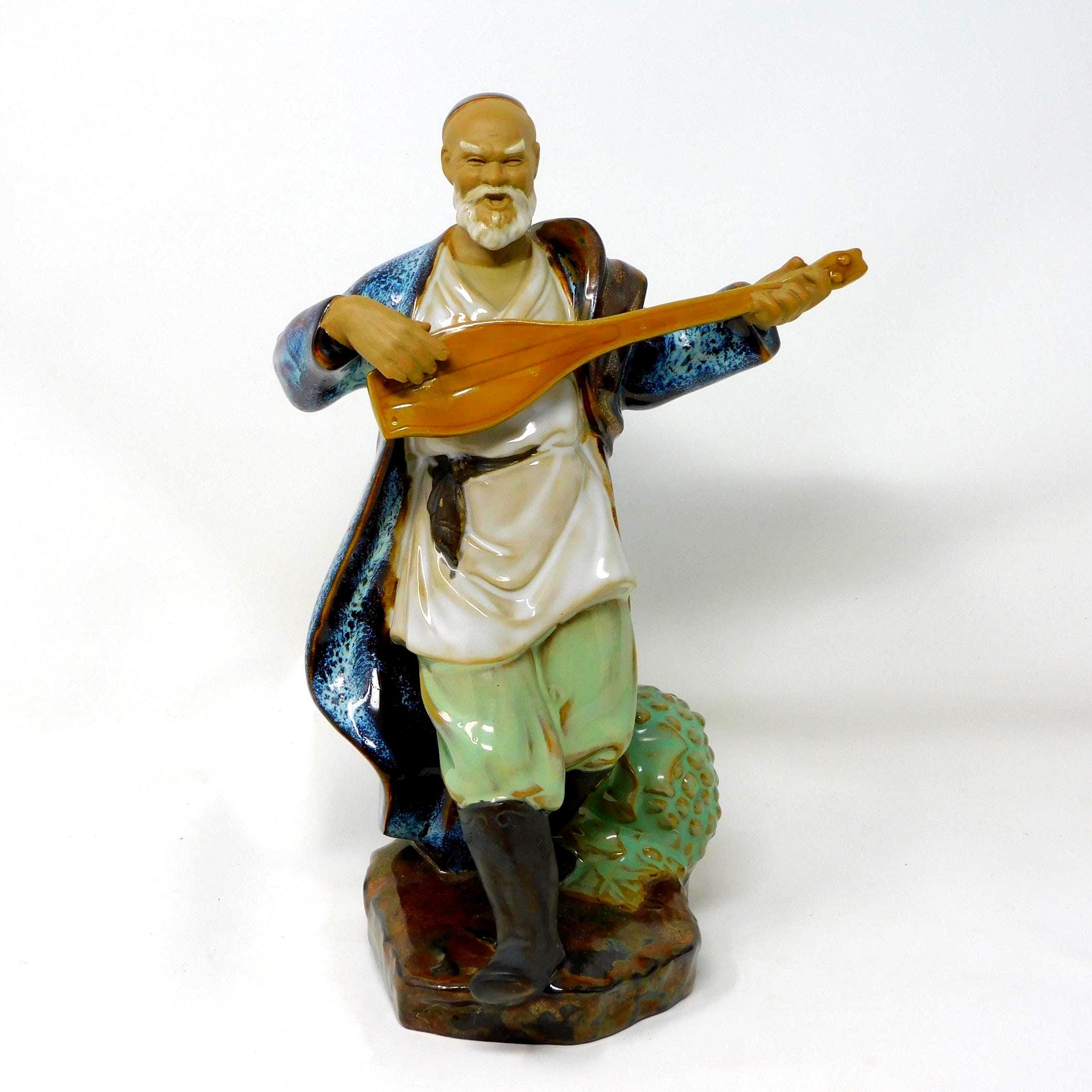 Vintage Shiwan Mudman Figurine: Glazed Chinese Musician Pottery