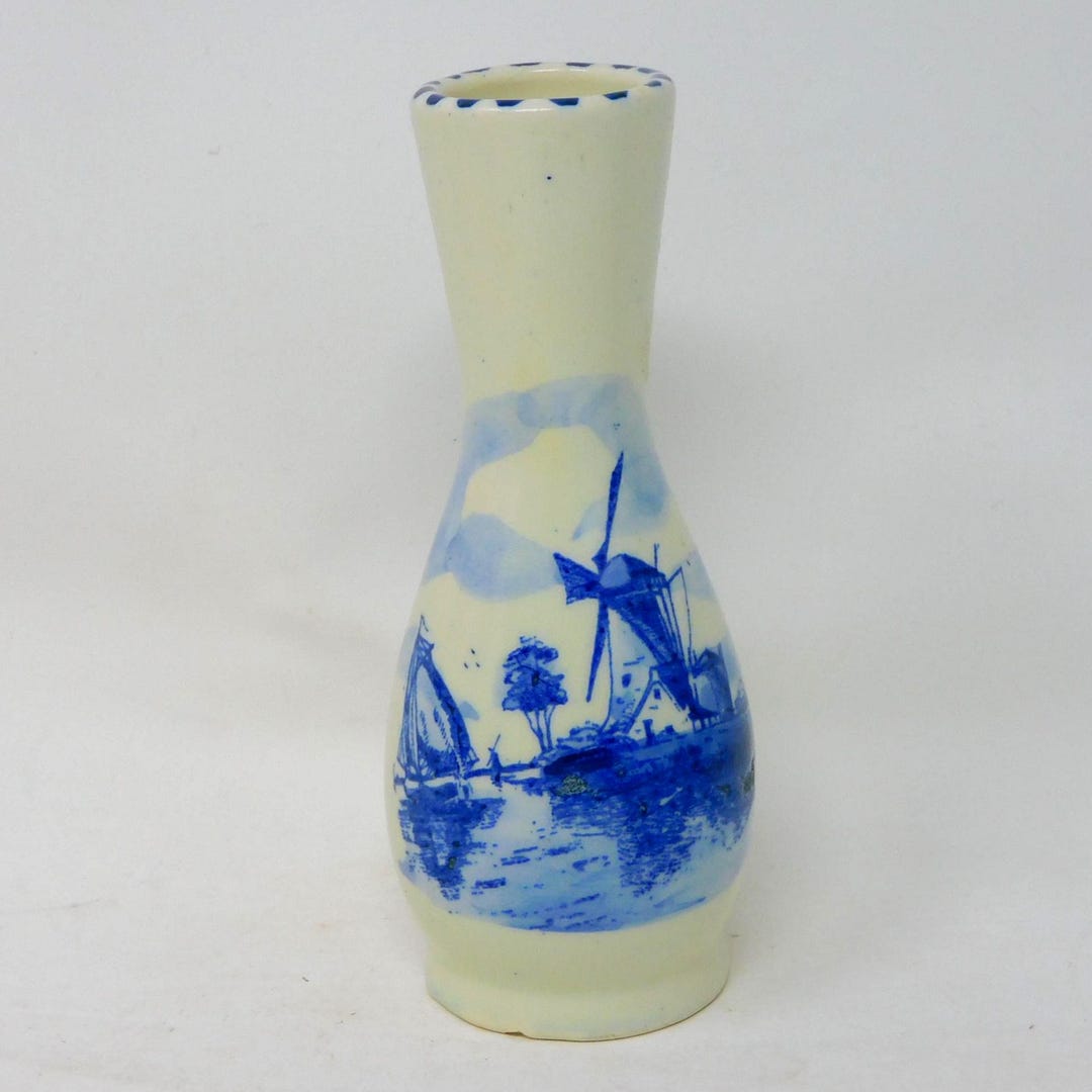 Hand Painted Delft Bud Vase • Blue White Dutch Pottery Windmill Scene ...