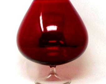 Vintage Rubinrote Oversized-Brandy-Glasvase - 22 cm hoch - tiefrotes Glasdekor - Retro-Ballonvase - klarer Stiel - 70er - 80er Jahre