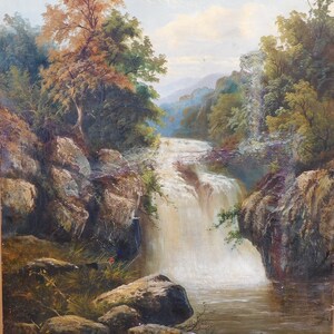 May include: A painting of a waterfall cascading down a rocky cliffside, surrounded by lush green trees. The water is white and foamy, and the rocks are brown and gray. The sky is a light blue with white clouds.