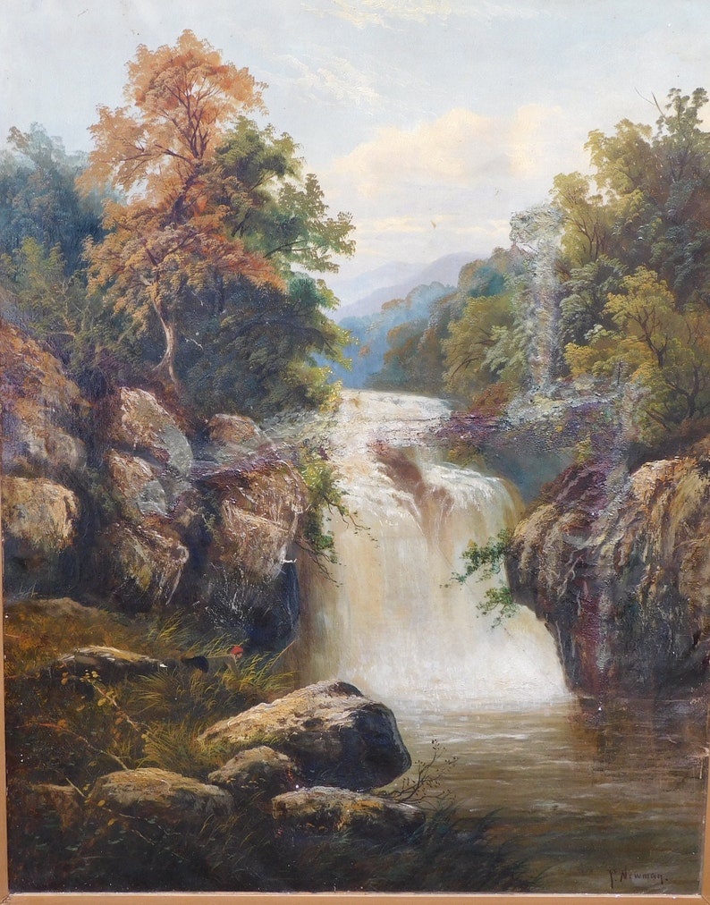 May include: A painting of a waterfall cascading down a rocky cliffside, surrounded by lush green trees. The water is white and foamy, and the rocks are brown and gray. The sky is a light blue with white clouds.