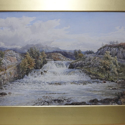 Ebenezer Alfred Warmington (1830-1903), Watercolour, Waterfall scene, a river in spate, Signed shops &dated 1877