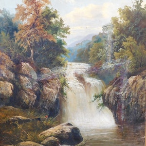 May include: A painting of a waterfall cascading down a rocky cliffside, surrounded by lush green trees and a blue sky with white clouds. The water is clear and sparkling, and the rocks are brown and gray.