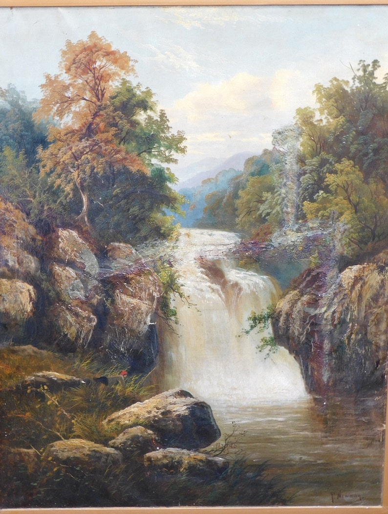 May include: A painting of a waterfall cascading down a rocky cliffside, surrounded by lush green trees and a blue sky with white clouds. The water is clear and sparkling, and the rocks are brown and gray.