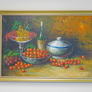 Original oil on canvas in gilt frame, signed by artist, Strawberries and cherries, Summer fruits, Still life painting