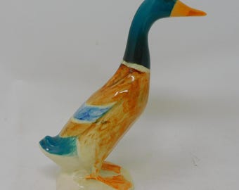 May include: A ceramic mallard duck figurine featuring a glossy finish. The duck has a dark blue head, a bright orange beak, and a body painted with shades of brown, tan, and blue. It stands on a small, integrated off-white base with orange feet.