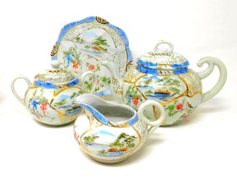 Set da tè giapponese vintage dipinto a mano: teiera, zuccheriera, lattiera e piatto