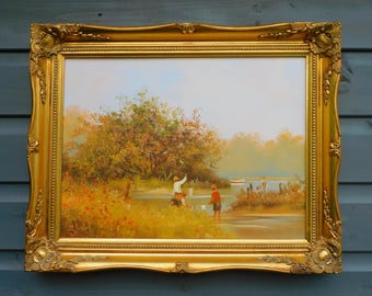 Les Parsons Original Oil Painting: British Child Fishing Scene in Gilt Frame