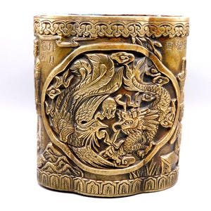 Vaso cinese in bronzo, decorazione a forma di drago, marchio del produttore sulla base