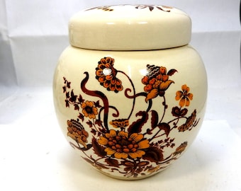 Sadler Ironstone Ingwerglas – Vintage England – 13 cm Deckeldose mit braunem und goldenem Blumenmuster