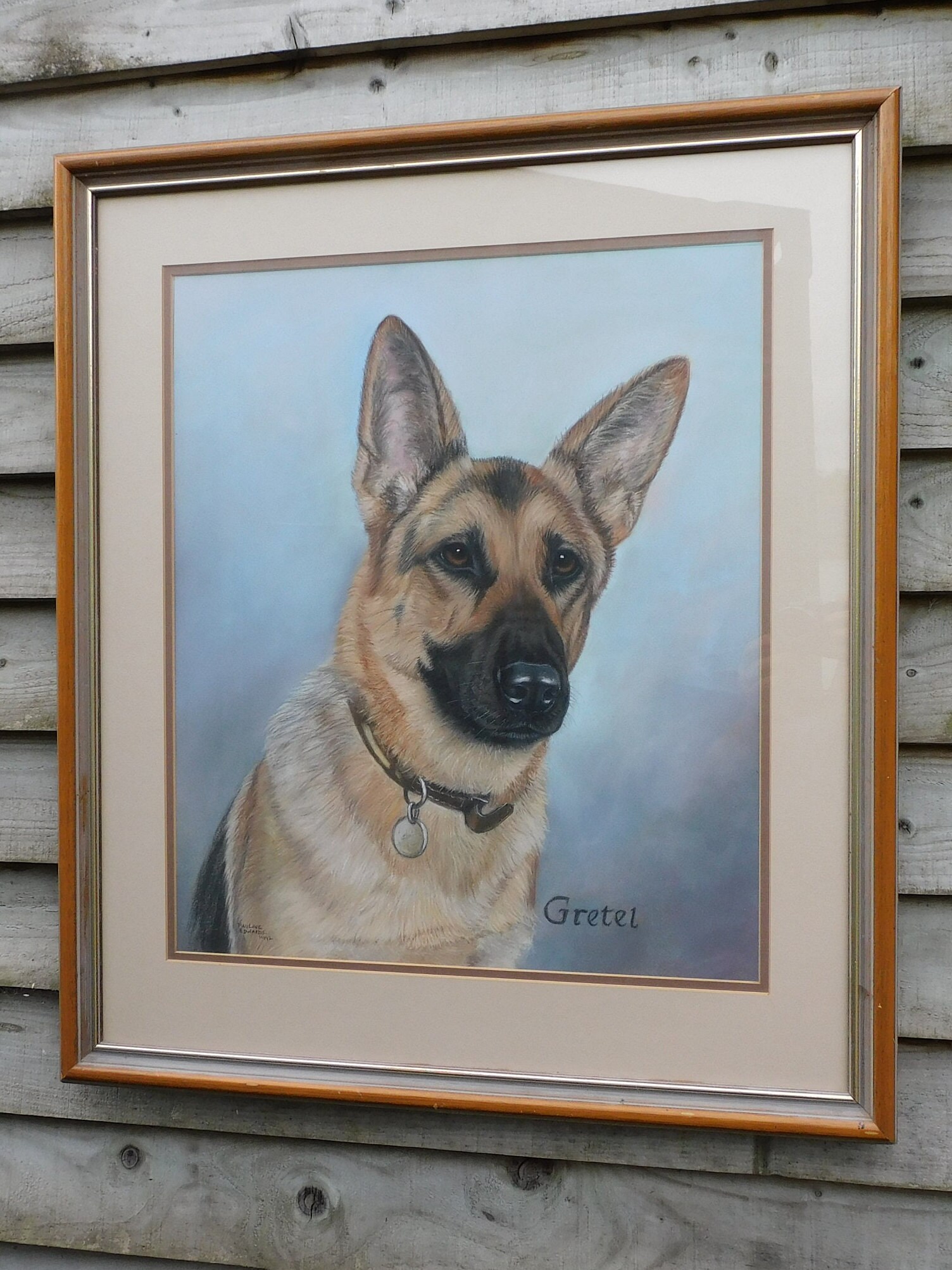 オリジナルの手描きのアルザス、ジャーマンシェパードの肖像画、1992年