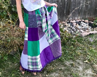 Vintage Patchwork Maxi Skirt/ Plaid Prairie Skirt/ Handmade/ 60s Hippie, Music Festival