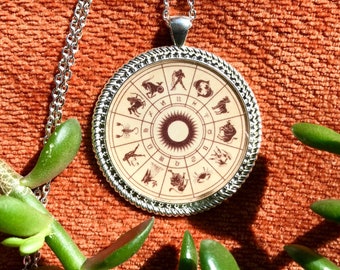 Zodiac Wheel Necklace or Keychain/ Astrology Pendant/ 60s, 70s Jewelry/ Music Festival, Hippie/ Gift