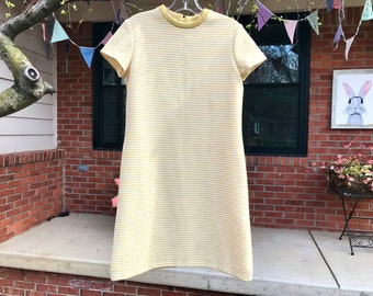 Vintage 60s Dress/ Yellow Striped Midi Shift Dress