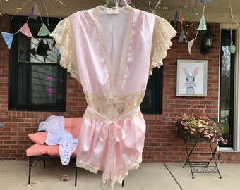 Vintage 60s Lingerie/ Baby Pink/ Satin and Lace Playsuit/ Deep V Neck