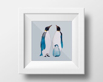 Penguins Ilustración 8x8 Pulgadas Impresión Montada