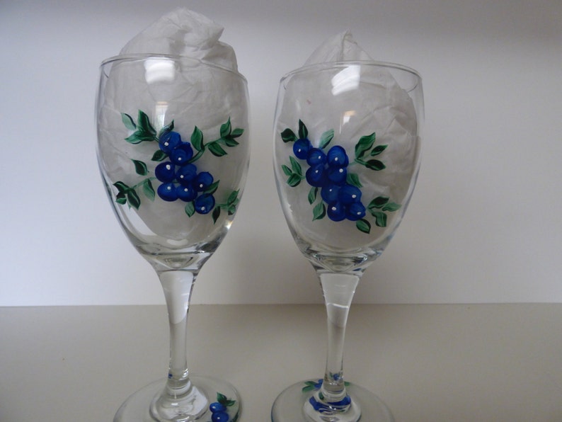 Hand Painted Blueberry Wineglasses Blueberry Glasses Painted Etsy