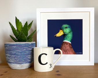 Mallard Duck Print | Male Mallard Illustration | British Bird Illustration | Dark Blue Mallard Print