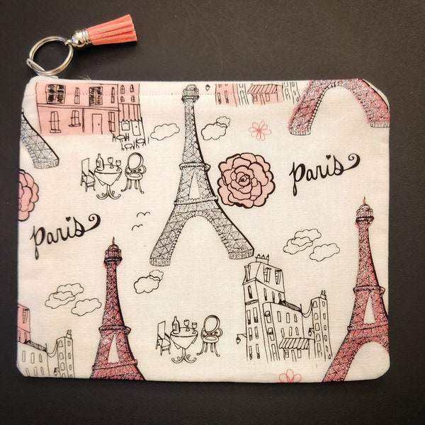 Pretty Paris Eiffel Tower Print Fully Lined Make Up/Cosmetic Bag - Beautiful Glitter Fabric - Key ring and tassle attached