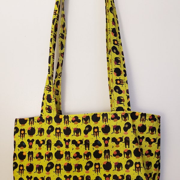 Fun Colorful African American Natural Hairstyles Print Fully Lined Tote Bag - "Wear Your Crown" - 100% Cotton