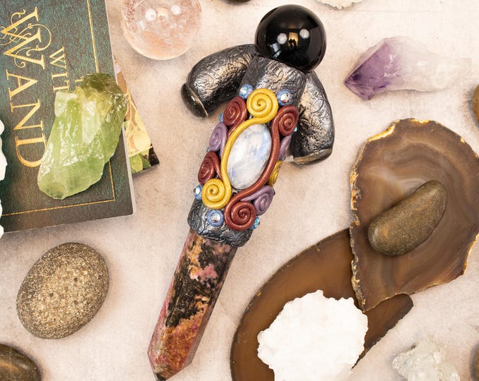 Triple Moon Goddess Crystal Wand – Obsidian, Rhodonite, Rainbow Moonstone, Quartz Altar Tool