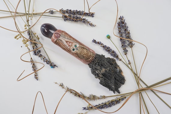 GODDESS CRYSTAL WAND: Owl, Black Kyanite, Ocean Agate