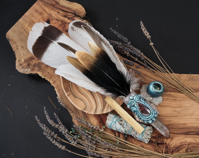SMUDGE FAN COLLECTION: Akashic Quartz, Turkey Feathers, Mexican Agate