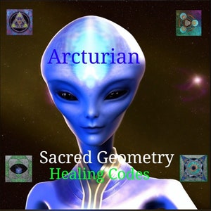 Può includere: Un alieno blu con occhi grandi e un bagliore blu chiaro sulla fronte. Il testo "Arcturian Sacred Geometry Healing Codes" è scritto in lettere verdi e blu su uno sfondo scuro.