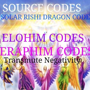 May include: A colorful image with six angels with wings, surrounded by a bright light. The text "SOURCE CODES" is at the top of the image, followed by "SOLAR RISHI DRAGON CODES". The text "ELOHIM CODES" is in the middle of the image, and the text "SERAPHIM CODES" is below it. The text "Transmute Negativity" is at the bottom of the image.