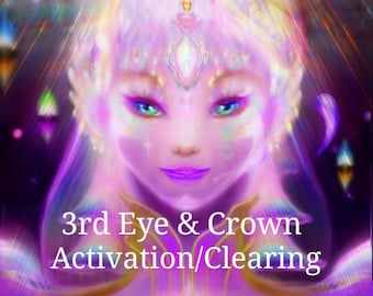 May include: A digital art image of a woman with a third eye and crown chakra activation. The image is in shades of purple, pink, and white with a glowing light emanating from the woman's head. The text "3rd Eye & Crown Activation/Clearing" is written in bold, white letters at the bottom of the image.