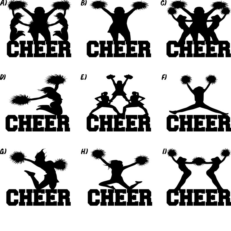 Pu&ograve; includere: Un set di nove immagini in silhouette in bianco e nero di cheerleader in varie pose con la parola "CHEER" stampata sotto ogni immagine.