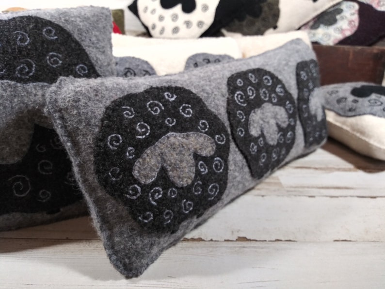 Sheep bowl filler light gray pillow with dark gray sheep handstitched upcycled wool fabric
