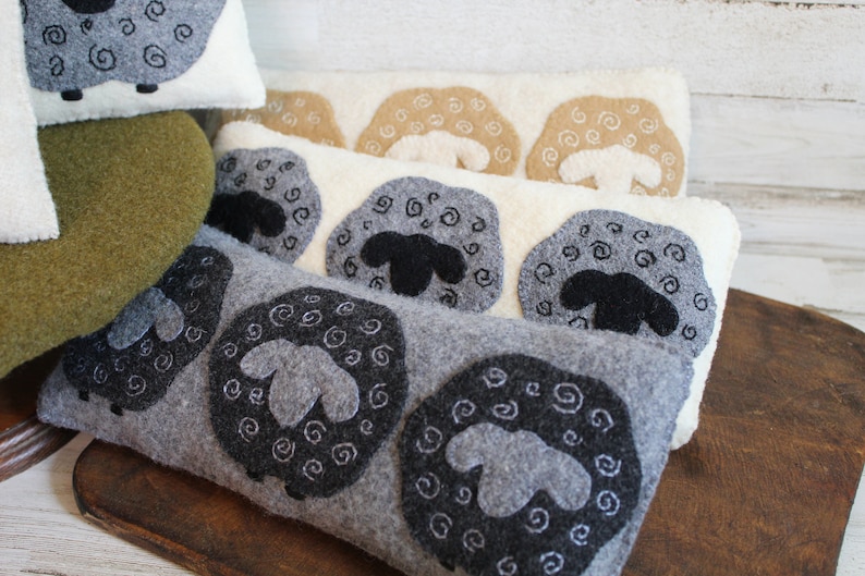 Sheep bowl filler light gray pillow with dark gray sheep handstitched upcycled wool fabric