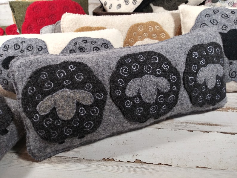 Sheep bowl filler light gray pillow with dark gray sheep handstitched upcycled wool fabric