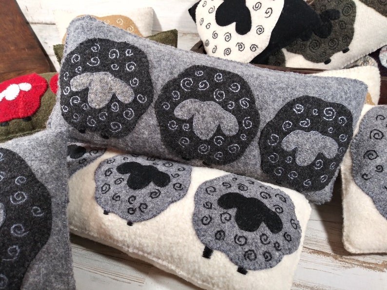Sheep bowl filler light gray pillow with dark gray sheep handstitched upcycled wool fabric