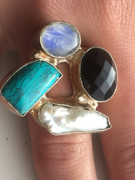 Multi-Stone Ring Set in 925 silver- Turquoise, Bi… - image 2