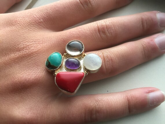 Multi-stone Ring - Silver Setting - Coral, Turquo… - image 1