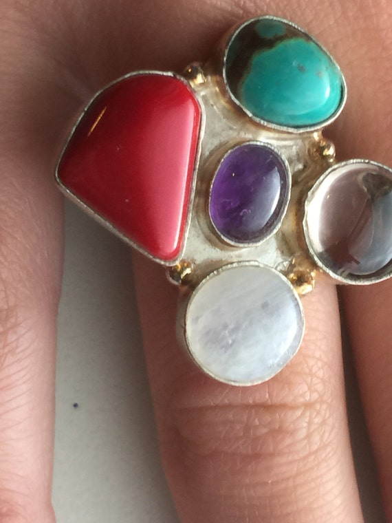 Multi-stone Ring - Silver Setting - Coral, Turquo… - image 2