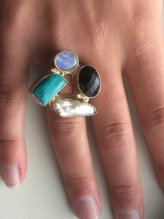 Multi-Stone Ring Set in 925 silver- Turquoise, Bi… - image 1