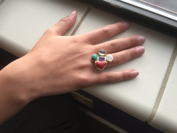 Multi-stone Ring - Silver Setting - Coral, Turquo… - image 3