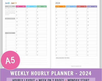 2024 A5 Weekly Hourly Planner Printable, A5 Planner Inserts, Filofax Inserts, Dated Weekly Schedule, 2024 Week on 2 Pages, WO2P