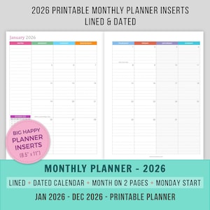 Monthly Planner 2026, Inserts Printable, Letter Size, Month on 2 Pages, Lined, Dated, mo2p, Big Happy, 8.5x11, Monday Start
