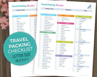 May include: A printable travel packing checklist in letter size (8.5" x 11"). The checklist is divided into categories: Summer Holidays, Documents, Financials, Gadgets, Toiletries, Health/Medical, Miscellaneous, and Clothes/Shoes. Each category has a list of items to pack with checkboxes next to each item.
