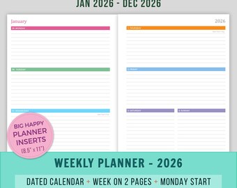 May include: Horizontal weekly planner inserts for 2026, with a Monday start. The planner includes a dated calendar with a week on two pages. The inserts are 8.5" x 11" and printable. The design features colorful headers for each day of the week.