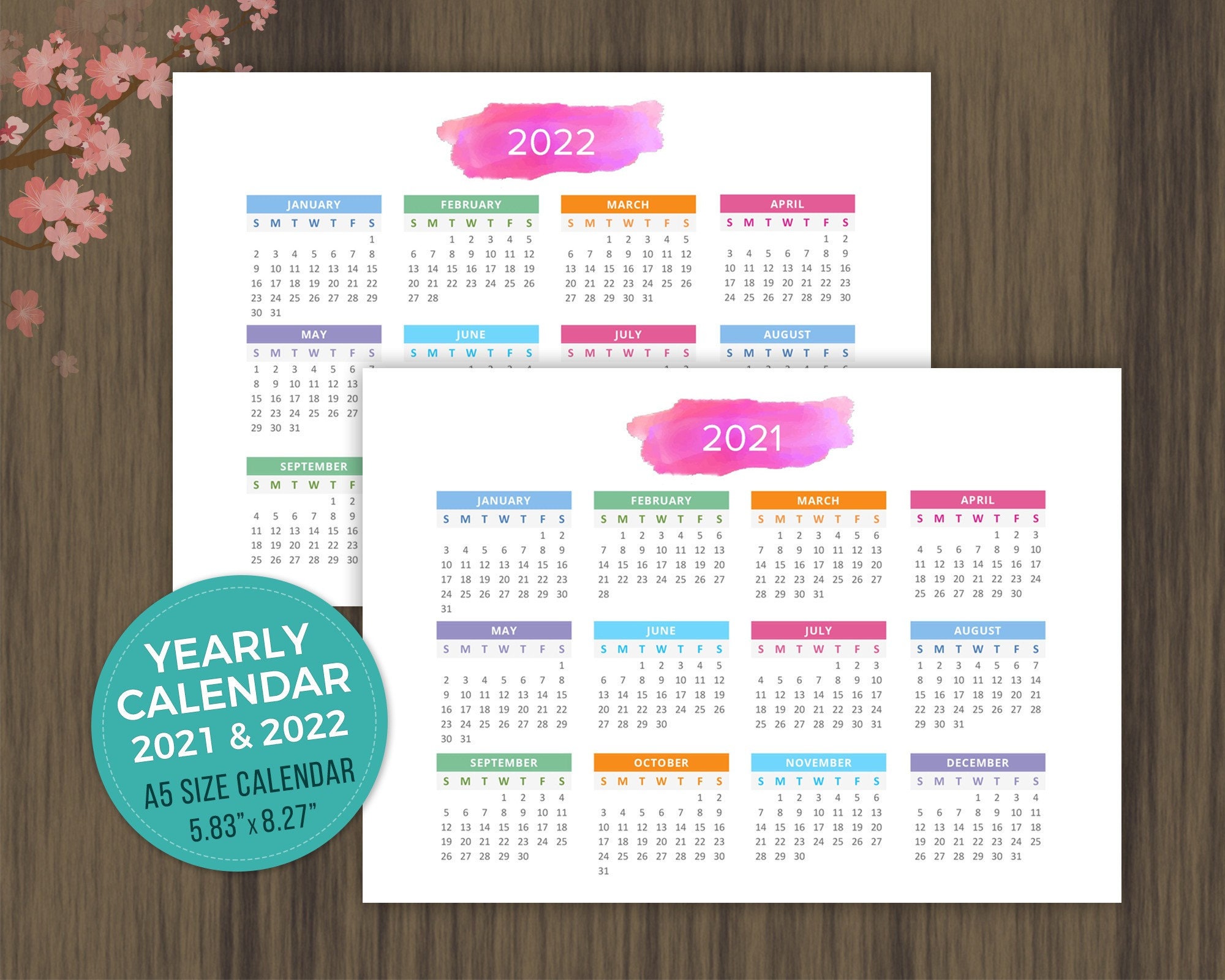 A5 Printable Calendar 2021 2022 Desktop Calendar Landscape | Etsy Uk