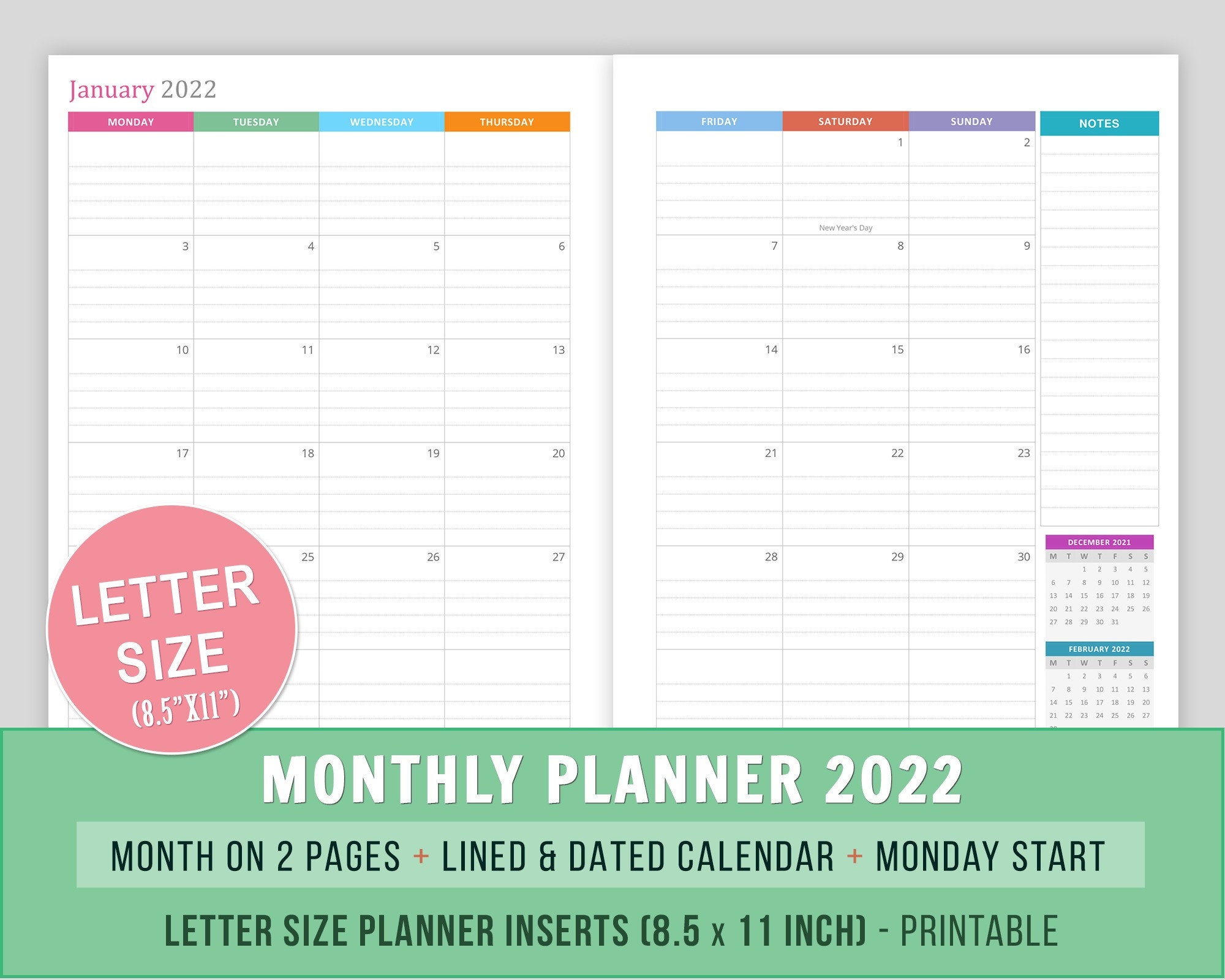 2022 monthly planner inserts printable month on 2 pages mo2p etsy australia