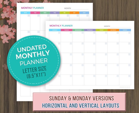 Monthly Planner Undated, Monthly Calendar Template, Planner Inserts, Monthly  Agenda, Undated Monthly Planner, Letter Size, 8.5x11, Pdf - Etsy